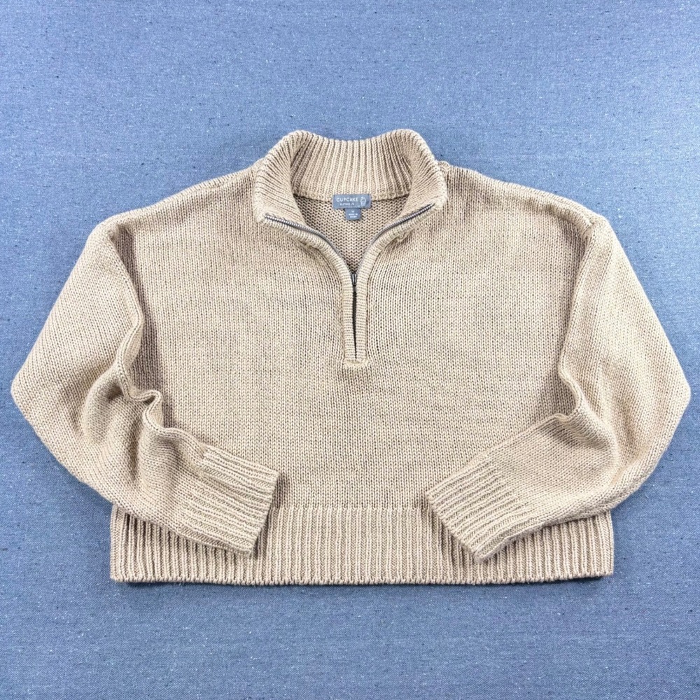 Cupcake Sweater Women Medium Tan Beige Quarter Zip Chunky Knit Cropped LW0170-23